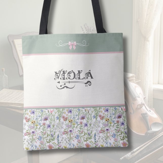 Bolsa Tote Botanical Sage Green Viola | String Player (Botanical Viola Tote Bag | Sage Green & Pink Wildflower | Personalized Orchestra Gift)
