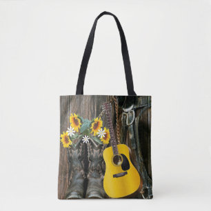 Bolsa Tote Botas de cowboy do cavalo ocidental Guitar Girassó