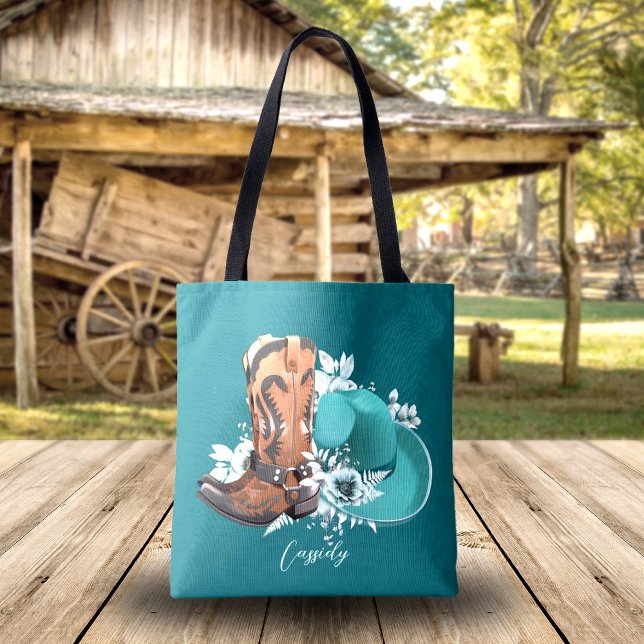 Bolsa Tote Botas de vaqueiro de vaqueira, nome castanho de tu (Personalized cowgirl, horse lover, western tote bag with cowboy boots, cowboy hat, turquoise, brown)