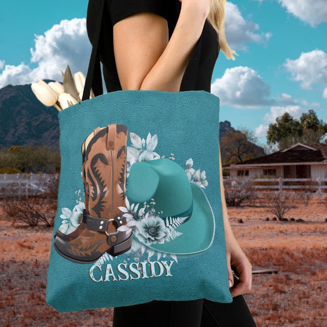 Bolsa Tote Botas de vaqueiro de vaqueira, nome de couro de tu (Cowgirl cowboy boots hat turquoise leather name tote bag)