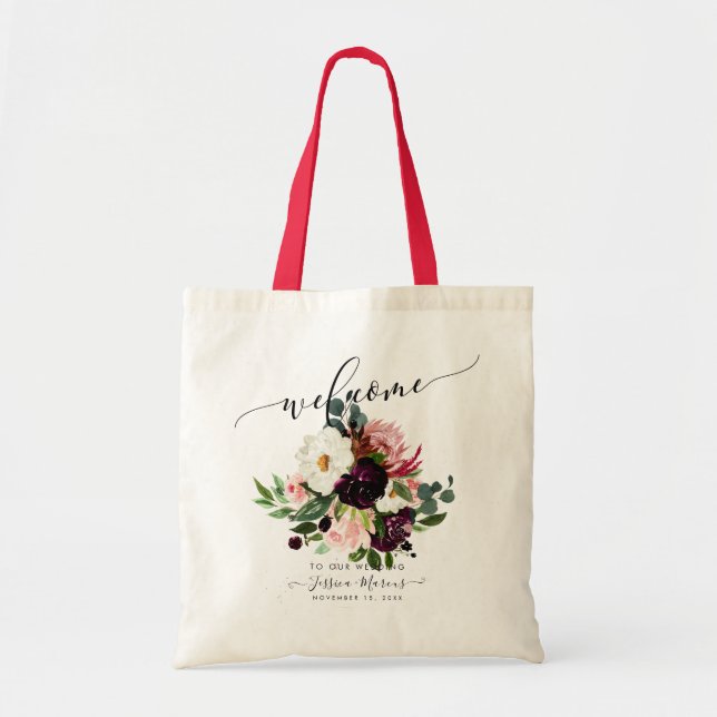Bolsa Tote Bourgundy+Rosas Blush, Flores de Aquarela Boas-vin (Frente)