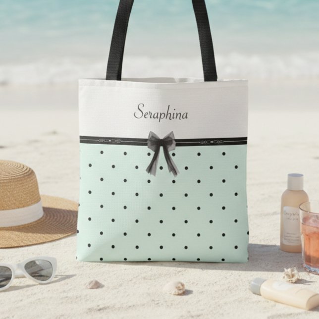 Bolsa Tote Boutique Chique Bolinhas Verde Menta Monograma (Resort ready summer mint green vacation bag)