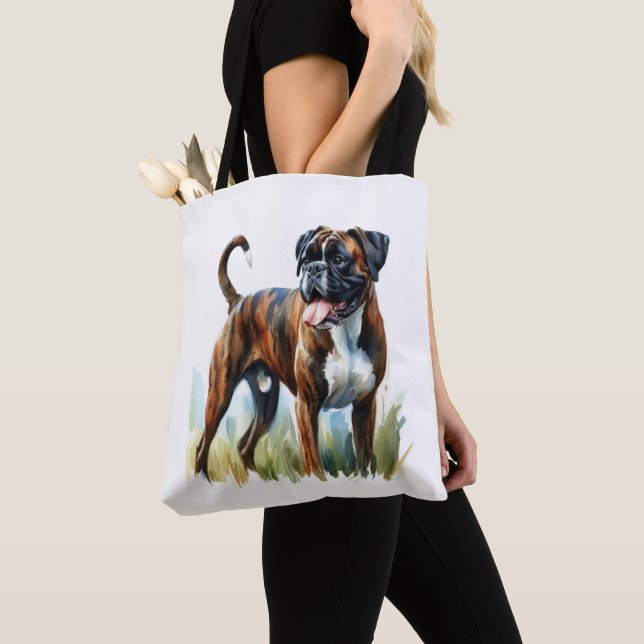 Bolsa Tote Boxer atigrado apresentado em Aquarela (Close Up)