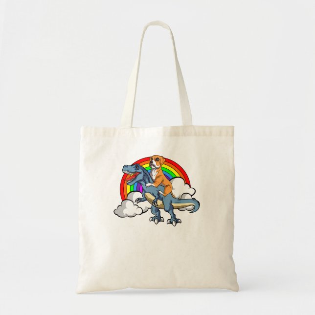 Bolsa Tote Boxer Dog Riding Dinosaur Trex German Deutscher Fu (Frente)