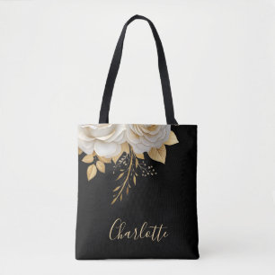 Bolsa Tote Branca Floral e Dourada Banheira Personalizada - P
