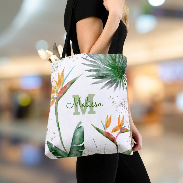 Bolsa Tote Branco Dourado de Script Floral da Ilha Tropical M (Criador carregado)