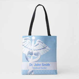 Bolsa Tote Branco Médico Caduceu Azul Design 3D