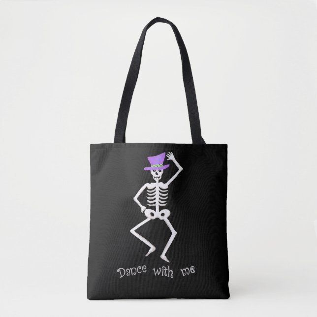 Bolsa Tote Branco Ossos Dançar no Dia das Bruxas Negro (Frente)