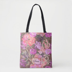 Bolsa Tote Branco, rosa, vermelho, peônias, flores