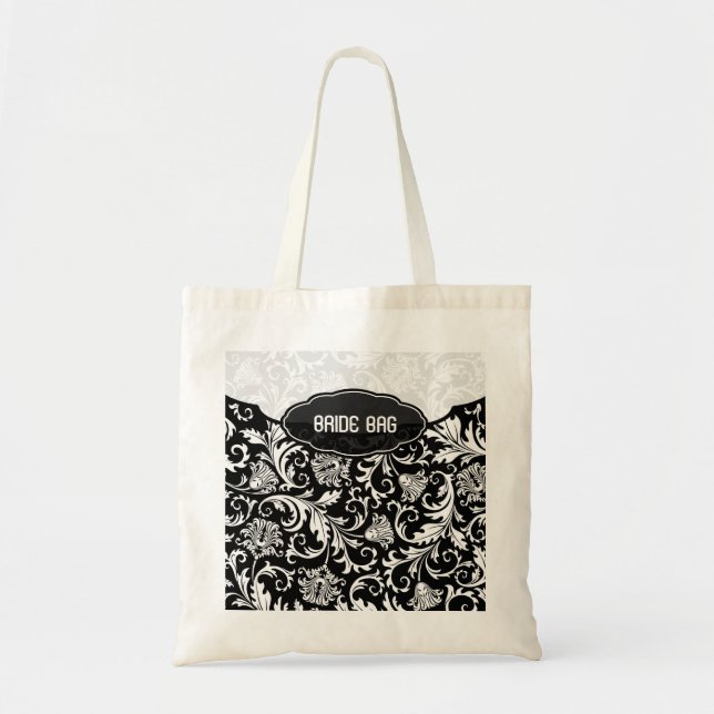 Bolsa Tote Branco Sobre Cor damasco Floral Preta 2 Monograma (Frente)