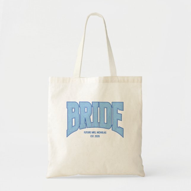 Bolsa Tote BRIDE Faux Glitter Varsity Engagement Bridal (Frente)