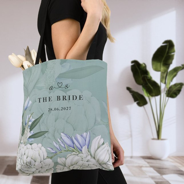 Bolsa Tote Bride Peony | Sage Green & White Botanical Wedding (Criador carregado)
