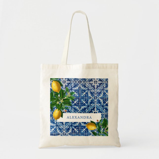 Bolsa Tote Bridesmaid Blue Azulejos Lemons Personal (Frente)