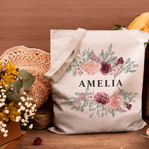 Bolsa Tote Bridesmaid Burgundy e Pink Floral Monographic Name