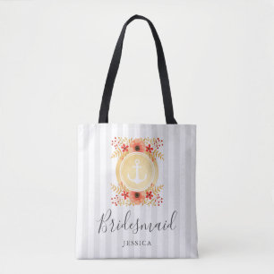 Bolsa Tote Bridesmaid da Âncora Floral Dourada Náutica
