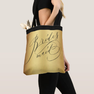 Bolsa Tote Bridesmaid de Script Preto Dourado Elegante