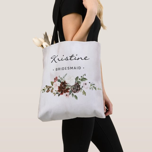 Bolsa Tote Bridesmaid de Script Preto Floral Rosa Boho Burgun (Close Up)