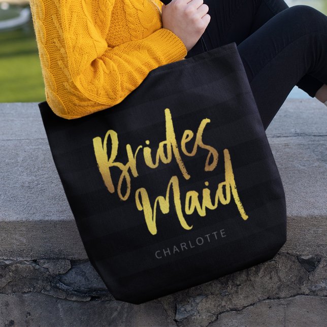 Bolsa Tote Bridesmaid do Script de Pincel Dourado Preto (Criador carregado)