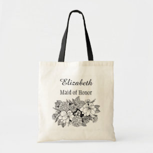 Bolsa Tote Bridesmaid Floral Branca Preta com Nome