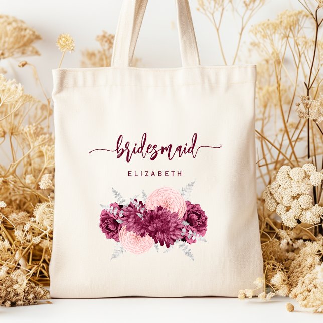 Bolsa Tote Bridesmaid Floral Burgundy Blush Script (Criador carregado)