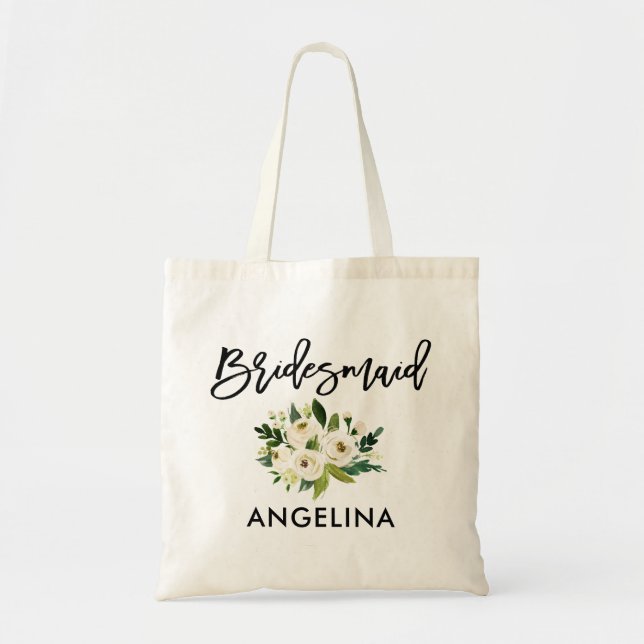 Bolsa Tote Bridesmaid Floral Verde com Script de Pincel Moder (Frente)