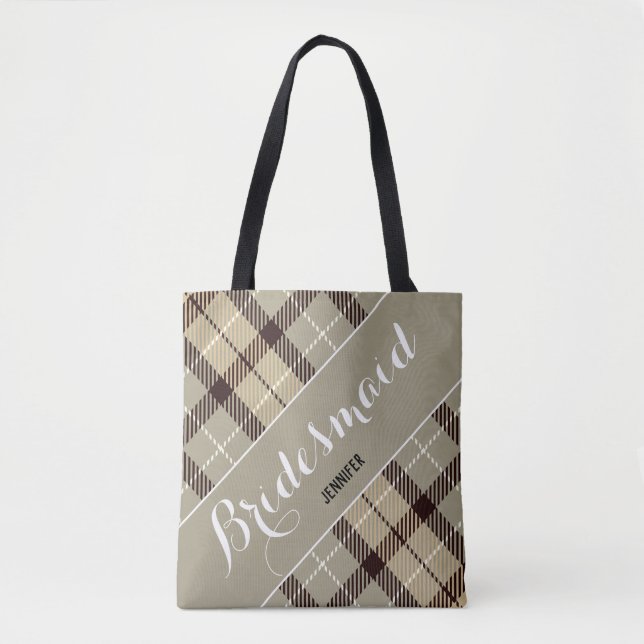 Bolsa Tote Bridesmaid Gift Nome Personalizado Tartan Simples (Frente)