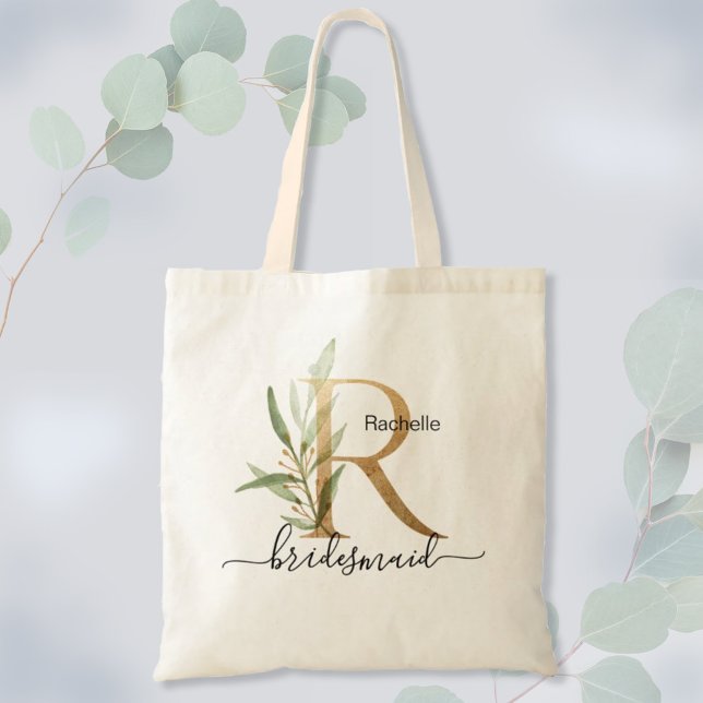 Bolsa Tote Bridesmaid Leaf Greenery Foliage Monograma "R" (Criador carregado)