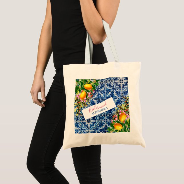 Bolsa Tote Bridesmaid Lemons Azulejo Branco Azul Floral (Frente (produto))