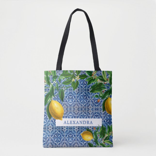 Bolsa Tote Bridesmaid Lemons Azulejos Azuis Pessoais (Frente)