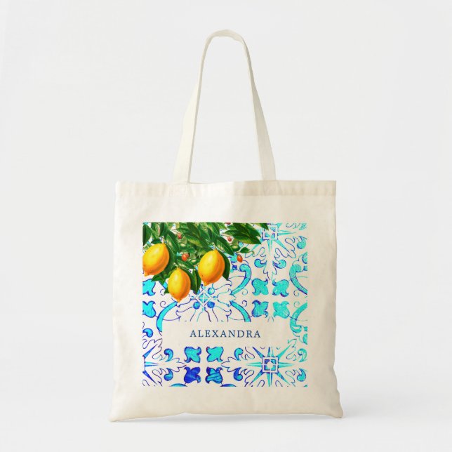 Bolsa Tote Bridesmaid Lemons Azulejos Azuis Pessoais (Frente)