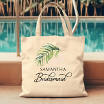 Bolsa Tote Bridesmaid Palm Folaf Partido Bridal Personalizado<br><div class="desc">Presente de festa noiva para personalizar para sua dama de honra - ou qualquer um na sua festa de casamento. A Bridesmaid está escrita em caligrafia manuscrita e, você pode facilmente mudar isso para uma função diferente, entrando na ferramenta design. A design apresenta uma folha de palma tropical aquosa, também...</div>