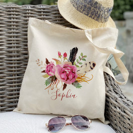 Bolsa Tote Bridesmaid Personalizada do Boho floral e de penas
