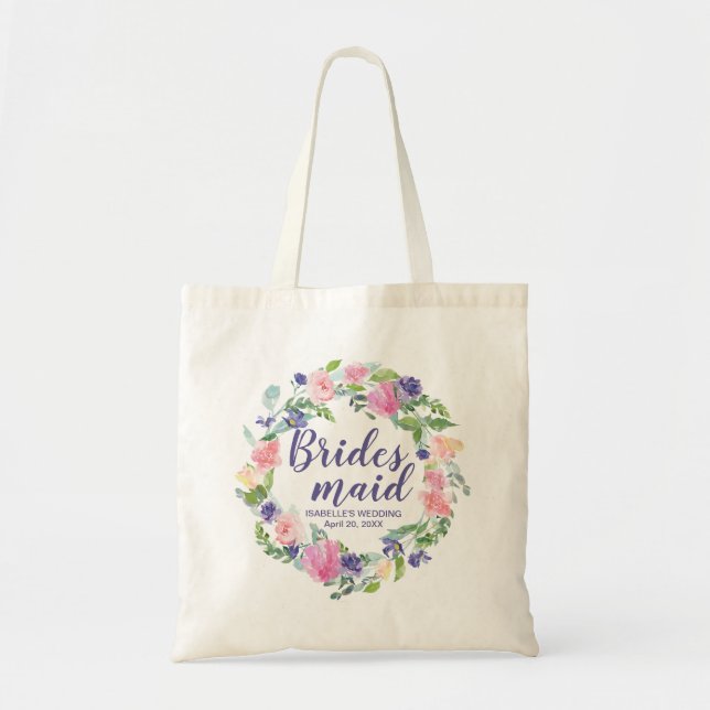 Bolsa Tote Bridesmaid Púrpura e Rosa Personalizada Floral (Frente)
