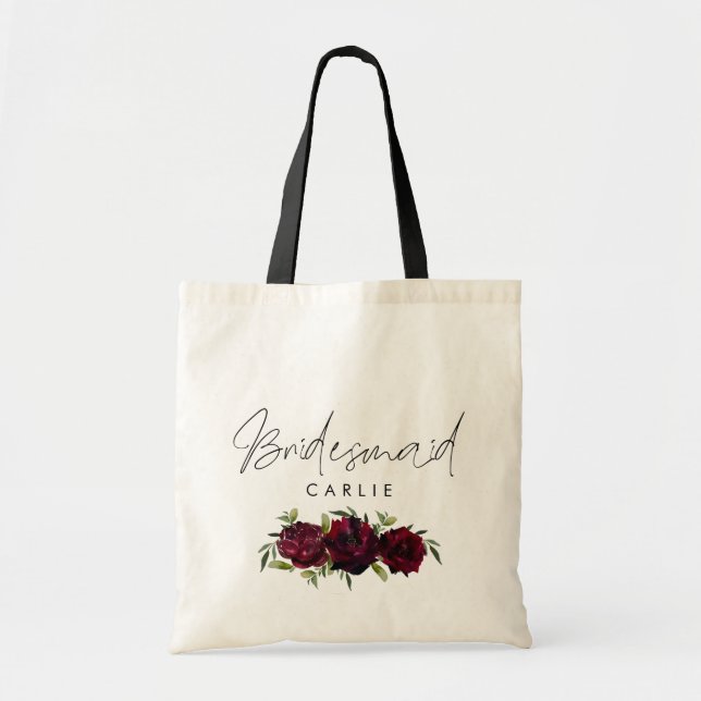 Bolsa Tote Bridesmaid Scrip Name Burgundy Rosas Floral (Frente)