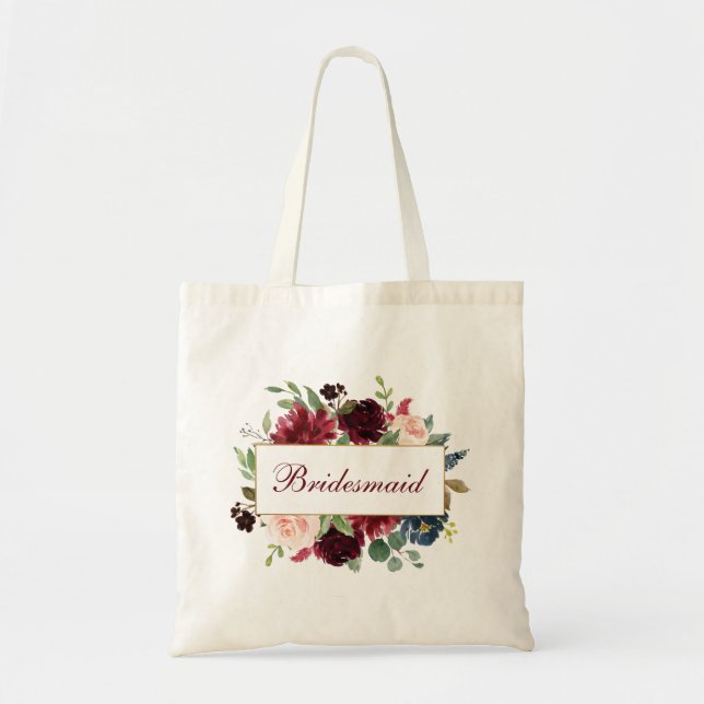 Bolsa Tote Bridesmaid Watercolor Burgundy Blue Floral (Frente)