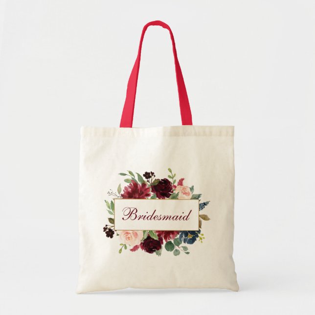 Bolsa Tote Bridesmaid Watercolor Burgundy Blue Floral R (Frente)