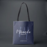 Bolsa Tote Bridesmaids Personalizados de Script Moderno do ma<br><div class="desc">Adicione um toque pessoal ao seu casamento com madrinhas personalizadas. Este saco apresenta o nome personalizado da dama de honra no estilo de fonte branco do script moderno e monograma no estilo de fonte moderno azul-claro marinho do roteiro como fundo com o título e a data do casamento no estilo...</div>
