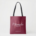 Bolsa Tote Bridesmaids Personalizados de Script Vermelho Burg<br><div class="desc">Adicione um toque pessoal ao seu casamento com madrinhas personalizadas. Este saco apresenta o nome personalizado da dama de honra no estilo de letra branco do script moderno e monograma no estilo de letra vermelho-claro do script moderno como fundo com o título e a data do casamento no estilo de...</div>