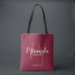 Bolsa Tote Bridesmaids Personalizados de Script Vermelho Burg<br><div class="desc">Adicione um toque pessoal ao seu casamento com madrinhas personalizadas. Este saco apresenta o nome personalizado da dama de honra no estilo de letra branco do script moderno e monograma no estilo de letra vermelho-claro do script moderno como fundo com o título e a data do casamento no estilo de...</div>