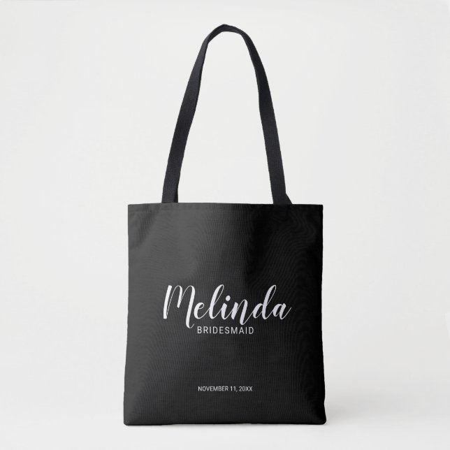 Bolsa Tote Bridesmaids Personalizados Pretos de Script Modern (Frente)