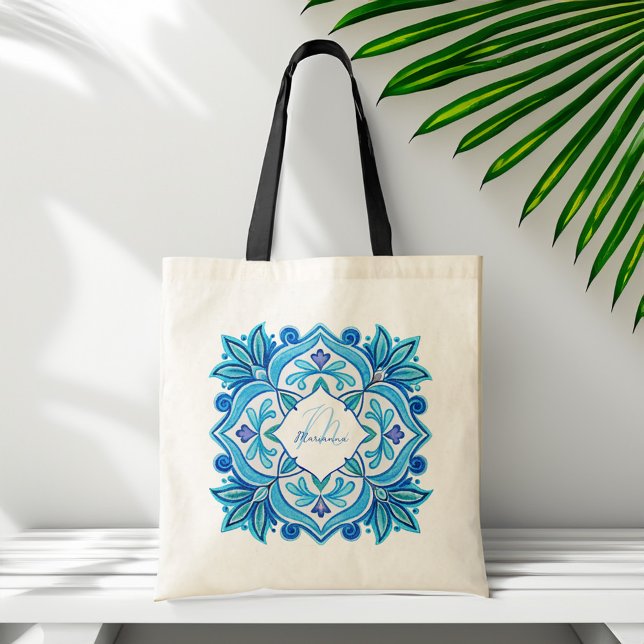Bolsa Tote Bridesmaids presentes aqua azul talavera monograma (Bridesmaids gifts aqua blue talavera customized monogrammed tote bag personalized name gifts for her)