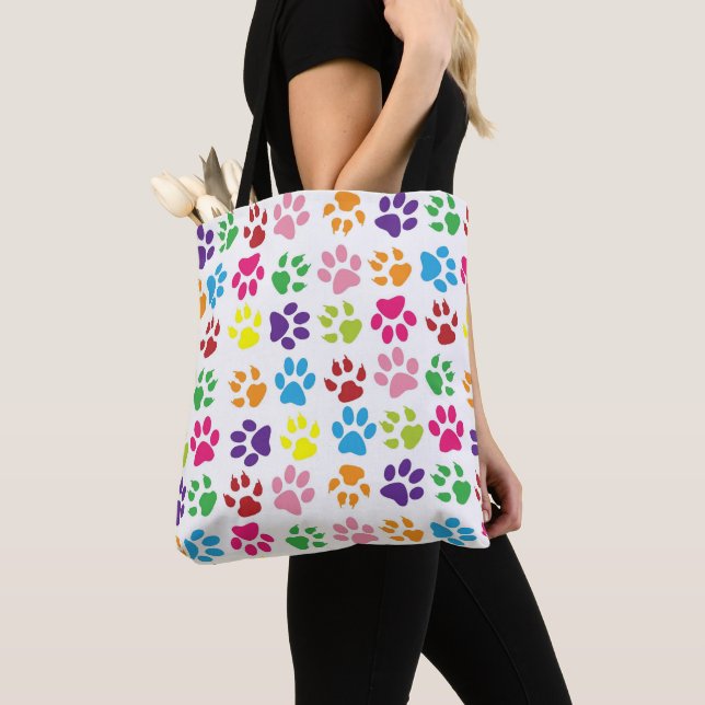 Bolsa Tote Bright Colorful Paw Prints Pattern (Close Up)