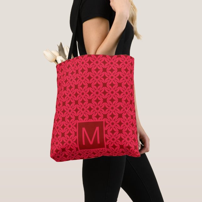 Bolsa Tote Bright Red Ornate Pattern Monogrammed (Close Up)