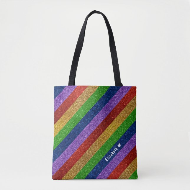 Bolsa Tote Brilhante e brilhante Rainbow Faux Glitter Striter (Frente)