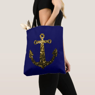 Bolsa Tote Brilhante falso Dourado brilho Âncora marinho azul