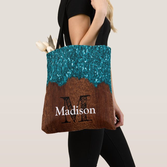 Bolsa Tote Brilho azul aqua madeira marrom rústica Monograma (Close Up)