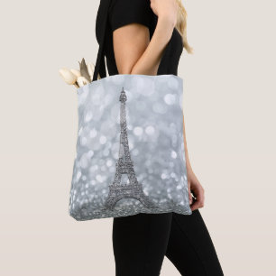 Bolsa Tote Brilho de Glitter Prateado Torre Eiffel de Paris G