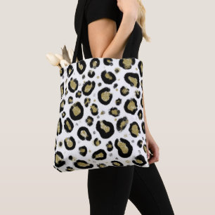 Bolsa Tote Brilho de Ouro Branco & Estampa de Leopardo Preto 