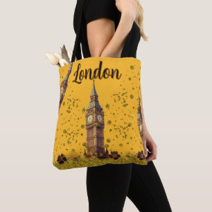 Bolsa Tote Brilho Dourado Rosa Tendência Londres Big Ben