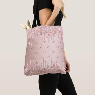Bolsa Tote Brilho em rosa dourado monograma elegante